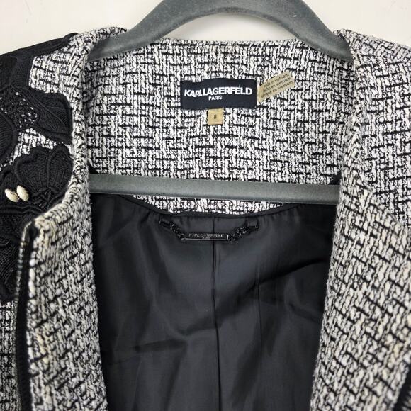 Karl Lagerfeld Paris Tweed Jacket with Contrast Appliques & Pearl Drops, Size 8 - Picture 4 of 12
